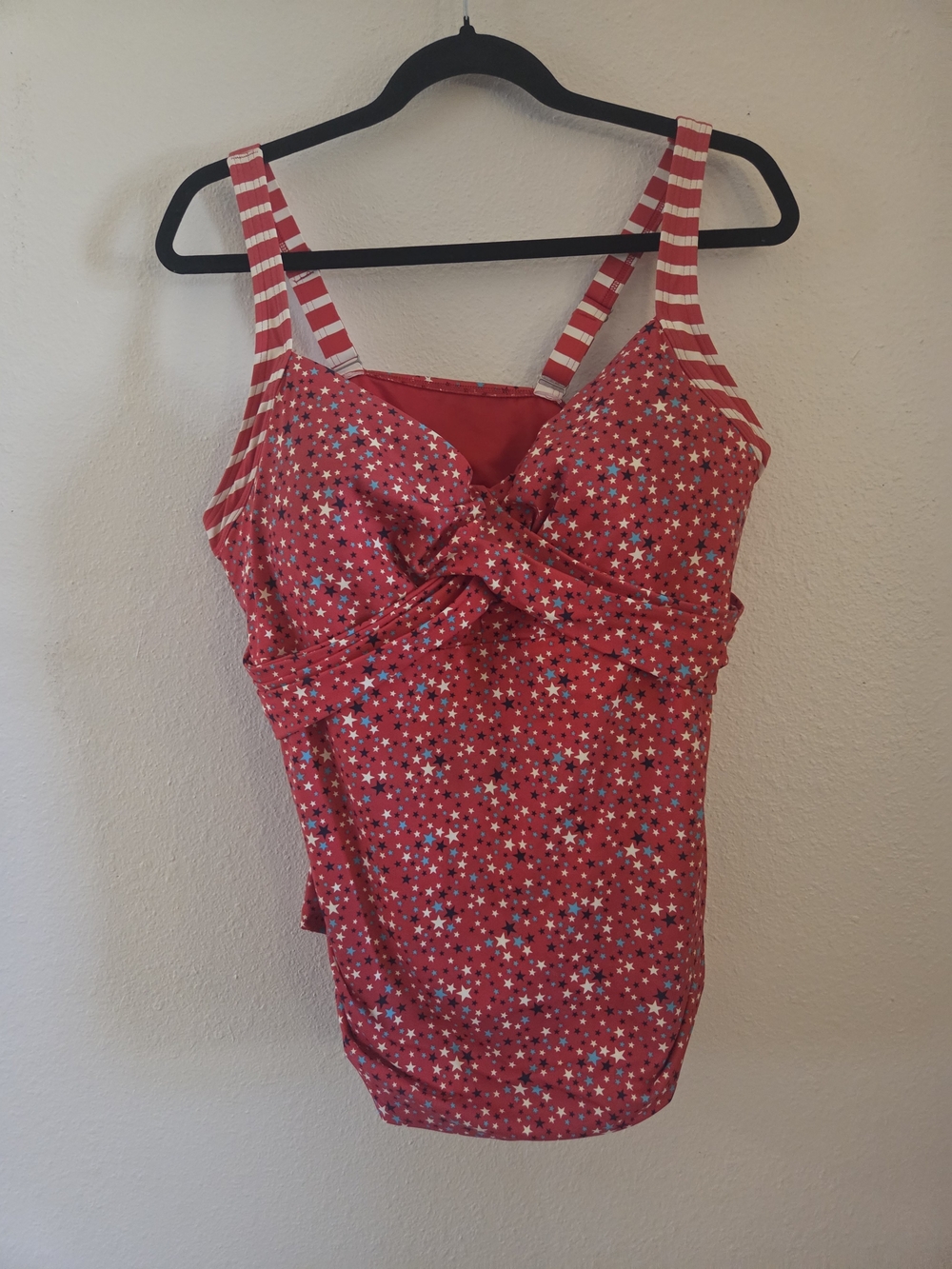 Lands' End Red Twist-Front Tankini Top with Striped Detail